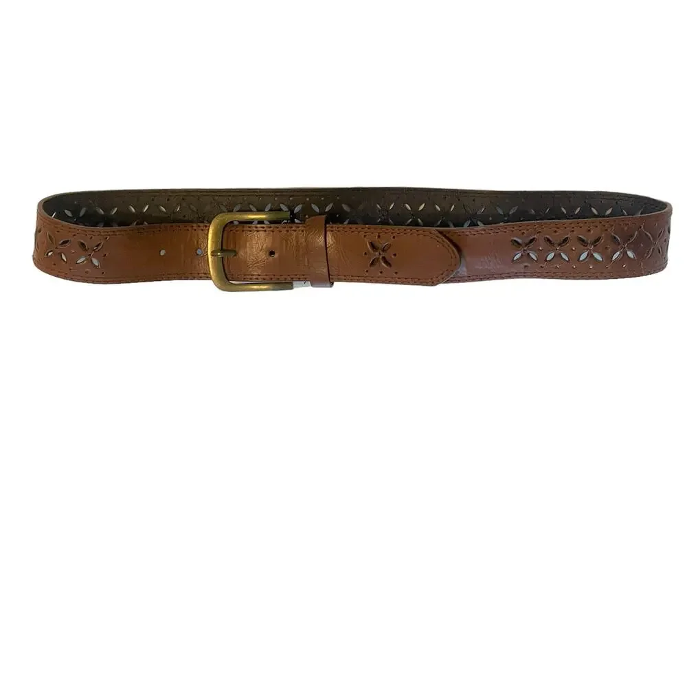 Brown Embossed Diamond Floral Faux Leather Belt Womens Small Gold Buckle Boho